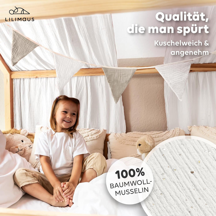 Hausbett Himmel mit Gold Applikation [in 12 Farben] Betthimmel Hausbett aus 100% Baumwolle Musselin