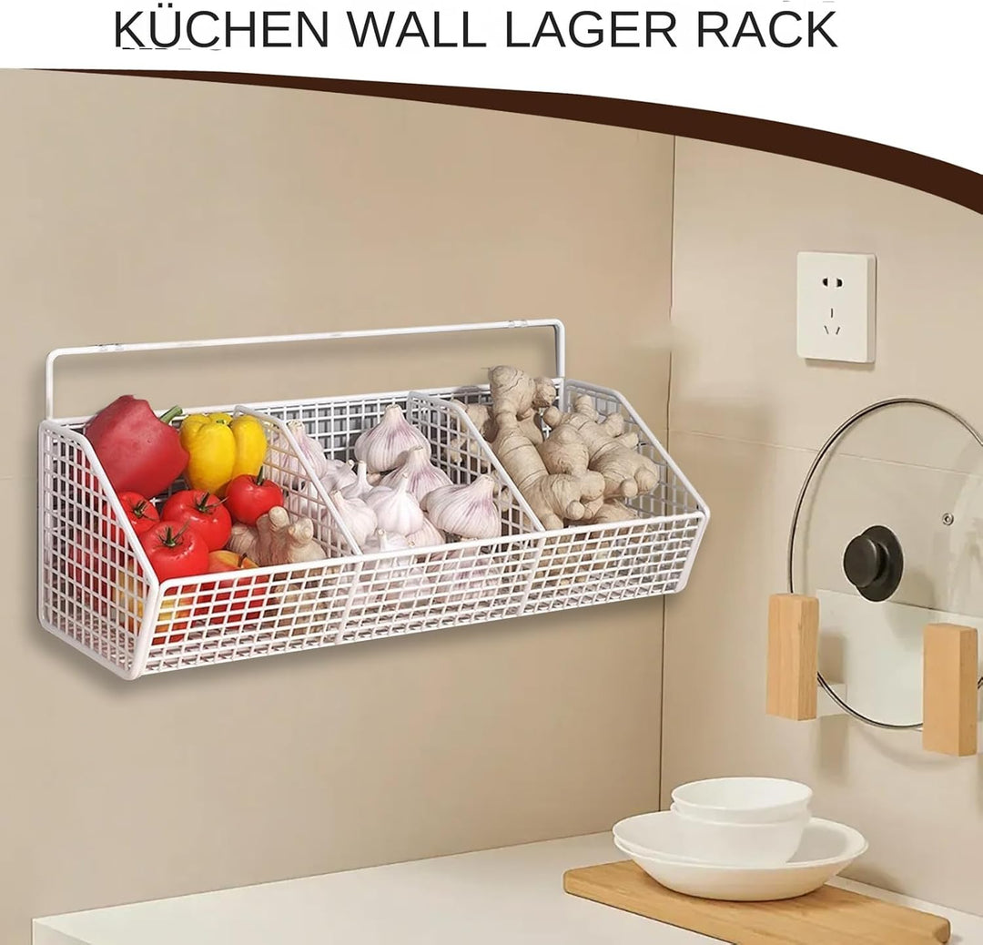 Wall Basket, 3 Compartment Onion Holder, 14.17x5.51in Wall Mounted Storage Bin, Space Saving Metal O