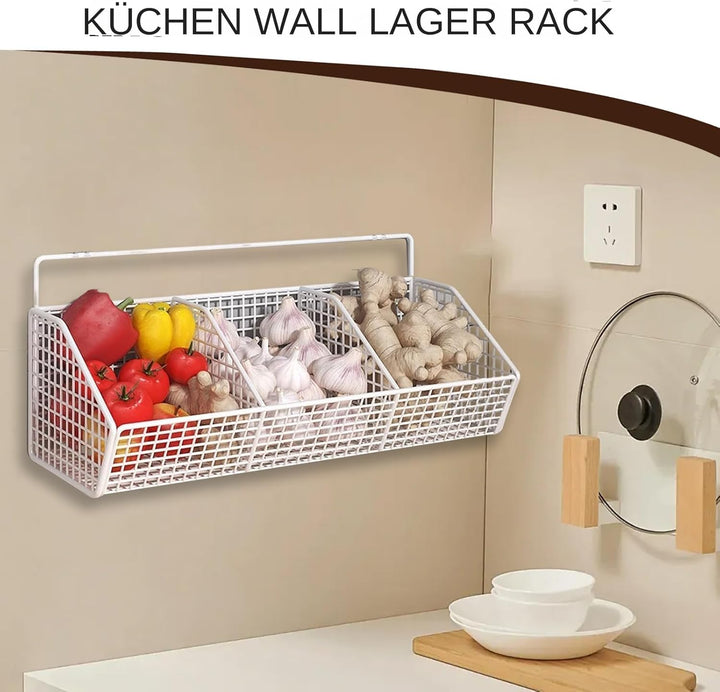 Wall Basket, 3 Compartment Onion Holder, 14.17x5.51in Wall Mounted Storage Bin, Space Saving Metal O