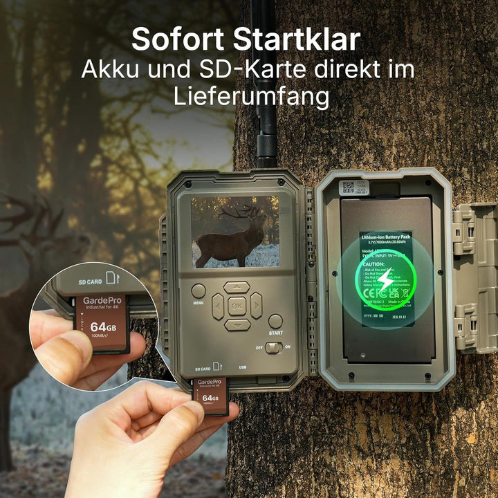 GardePro X70 Pro 4G LTE Wildkamera mit Live-Streaming, Wiederaufladbare 8000mAh Akku mit 64GB SD Kar