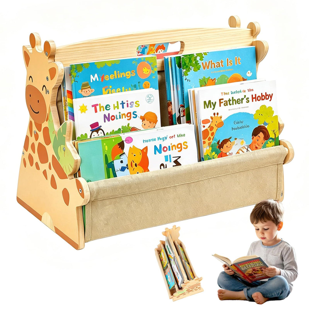 Bücherregal Kinder, doppelseitiges Holzregal mit robusten Canvas-Taschen, Montessori Bücherregal Kin