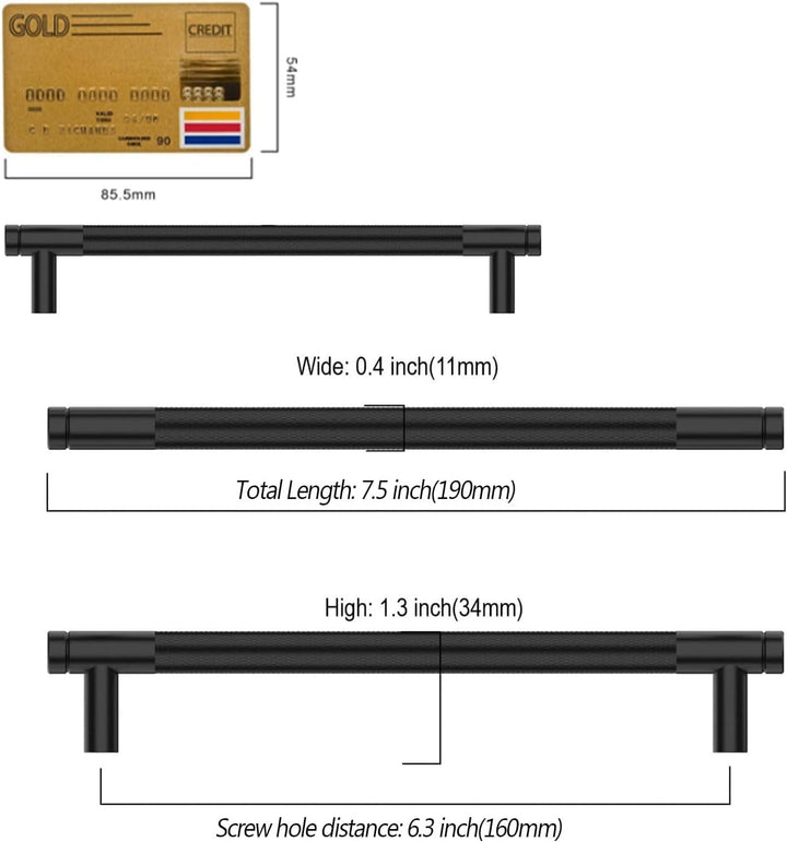 Amerdeco 10 Stück Gerändelte Schrankgriffe Schwarzes Griffe Möbel Möbelgriffe 160mm Lochabstand Türg