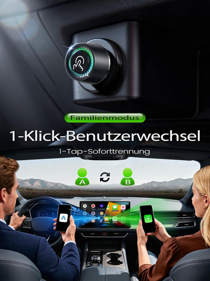 Versteckter CarPlay Wireless Adapter, 1-Tasten-Wechsel für 2 Phones, Kompatibel mit Apple CarPlay &