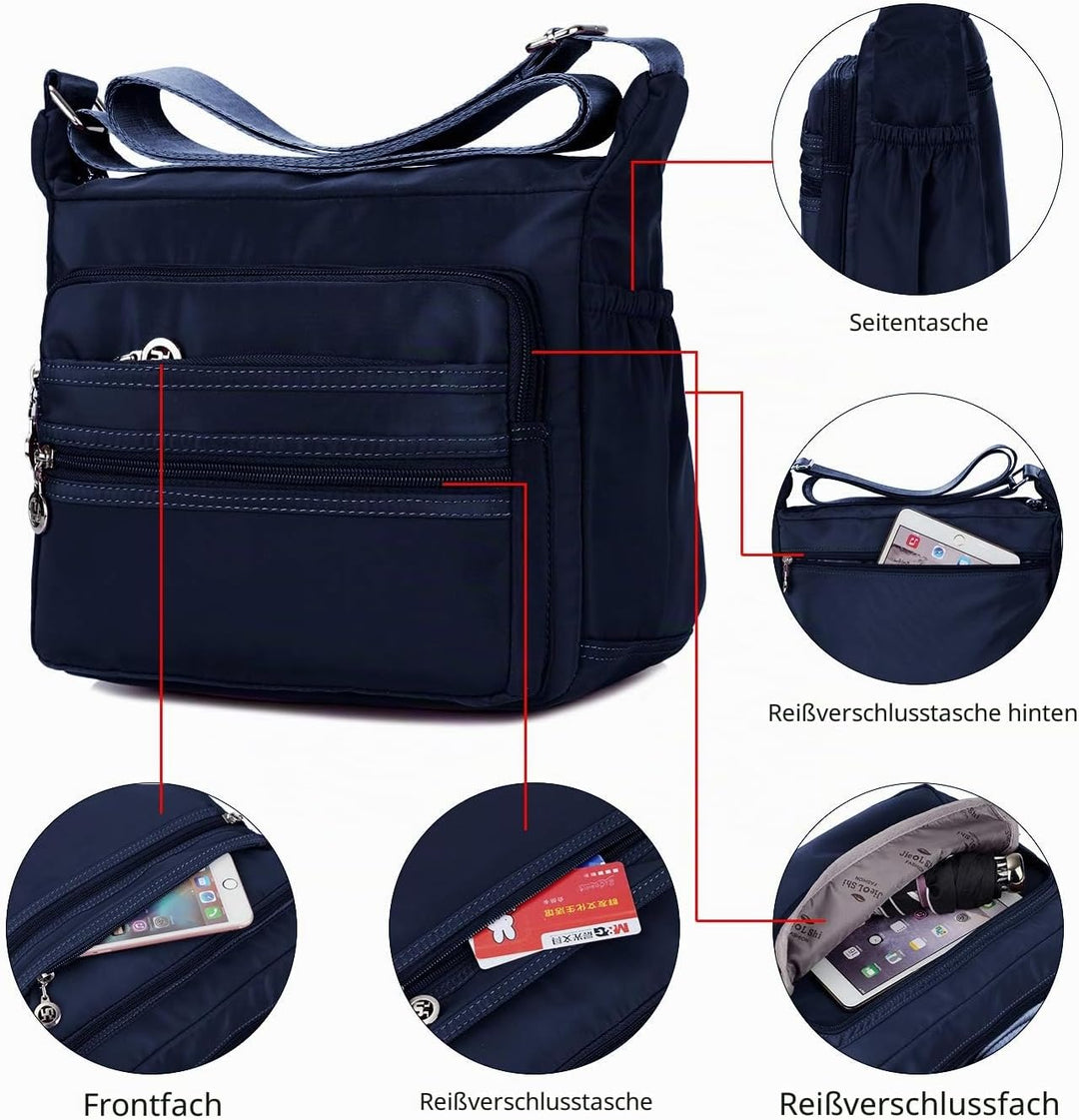 NOTAG Umhängetasche Damen, Wasserdicht Nylon Schultertasche Mehrfachtasche Handtasche mit RFID Geldb