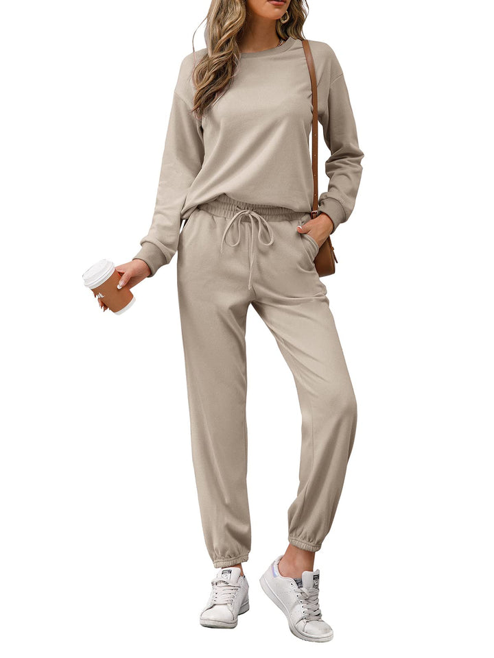 REORIA Damen Tracksuit Langarm Rundhalsausschnitt Einfarbig Zweiteiler Outfit Hoodie Jogger Training