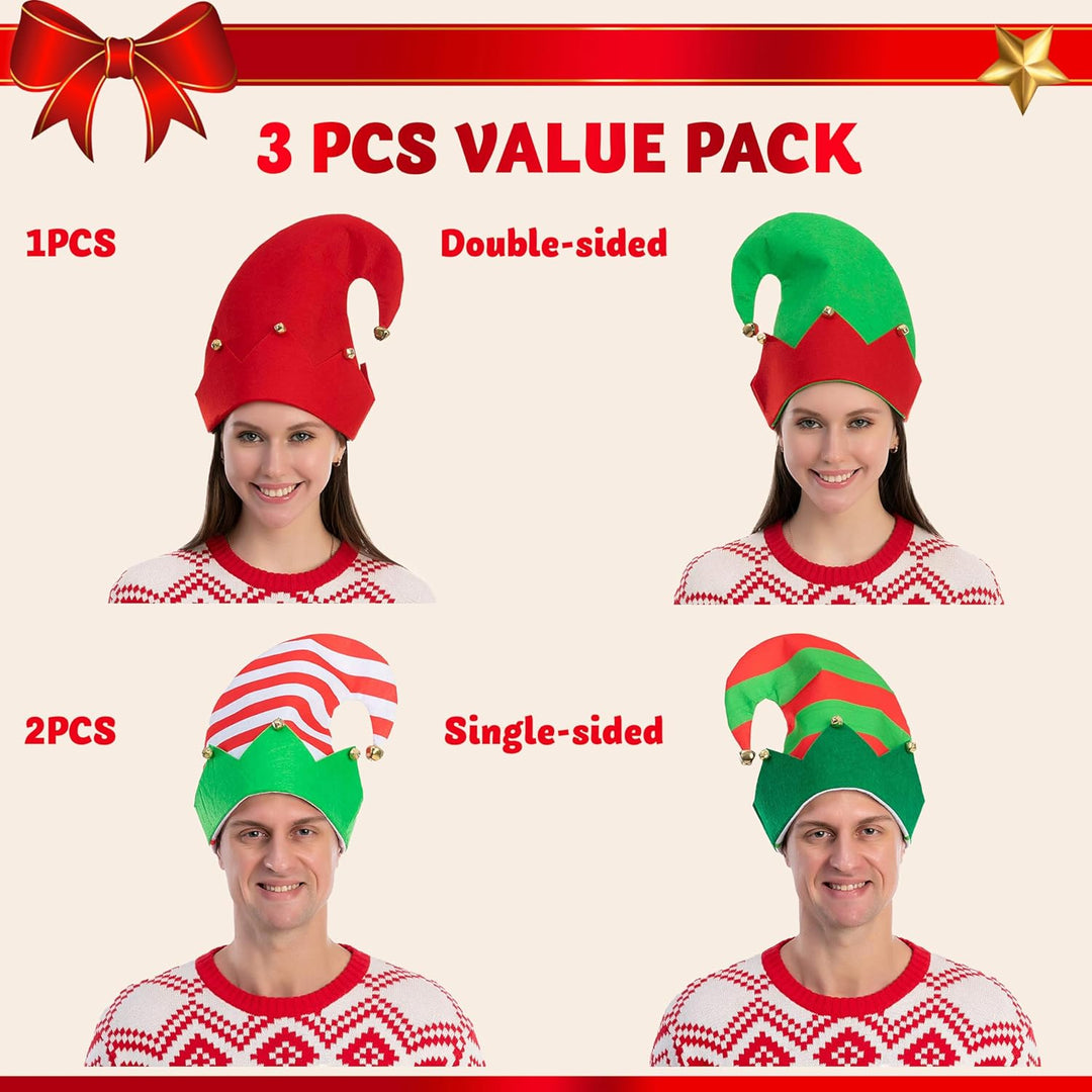Spooktacular Creations 3er Pack Weihnachtselfen Filz bunter Hut Weihnachtsfeiertags-Party-Hüte mit E