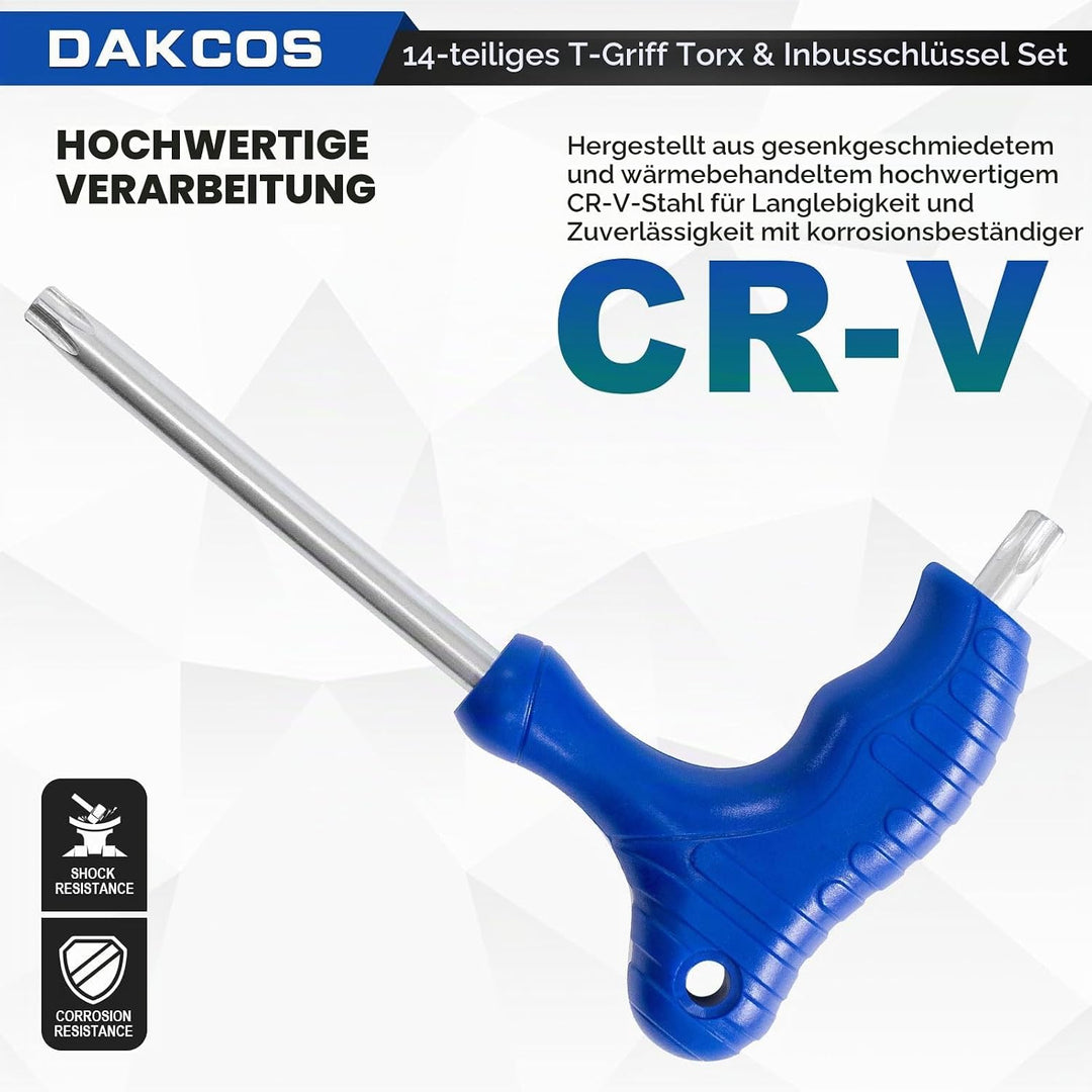 DAKCOS 14 tlg Torx Schlüssel Sechskantschlüssel Set mit T-Griff Innensechskant-Stiftschlüssel Torx-S