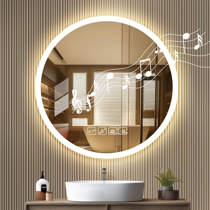 Viugreum 60cm Runder Badspiegel mit Beleuchtung, LED mit Bluetooth-Lautsprecher, Dimmbar 3 Lichtfarb
