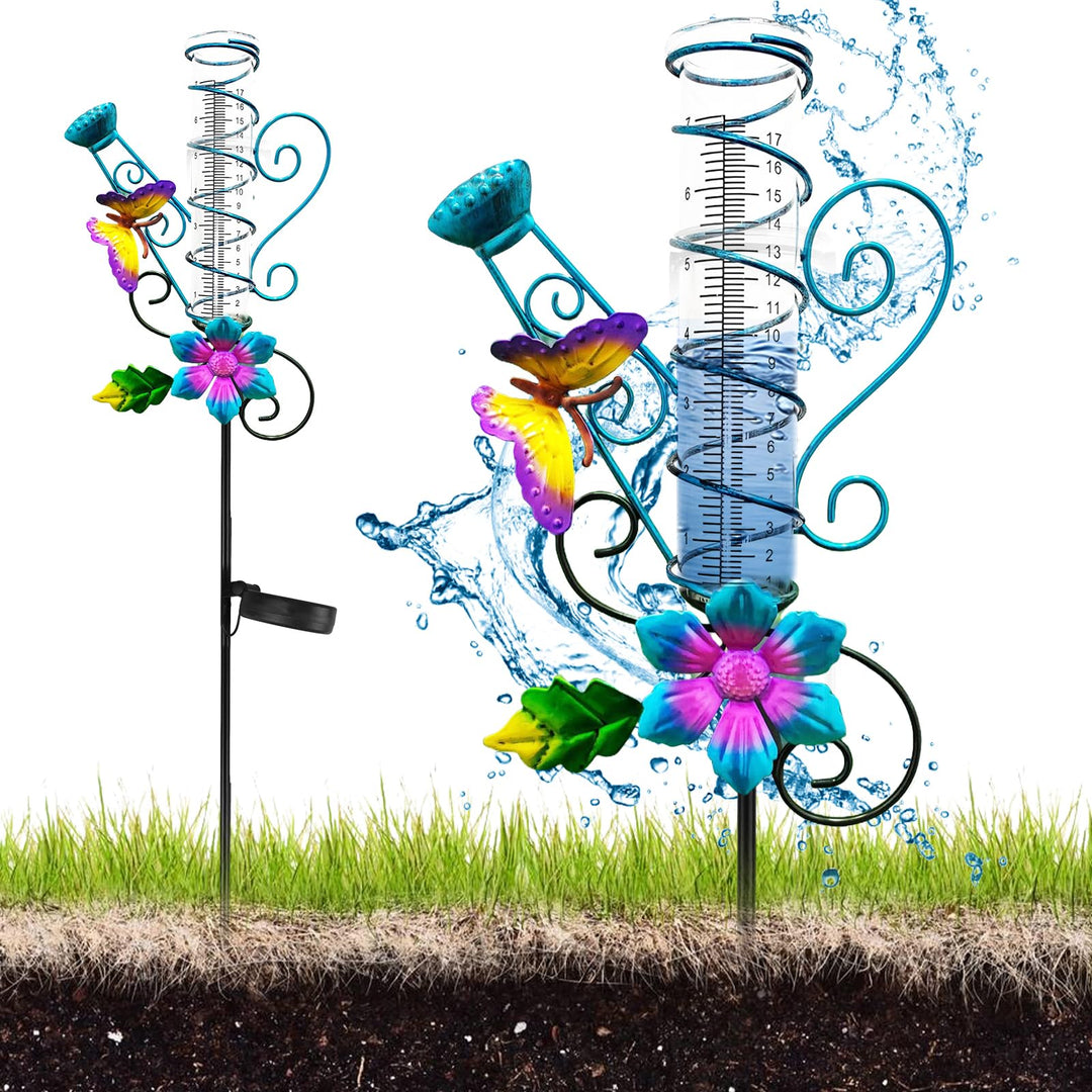 Solar Regenmesser für Garten mit Erdspiess und LED, Niederschlagsmesser Frostsicher Glas für Rasen,