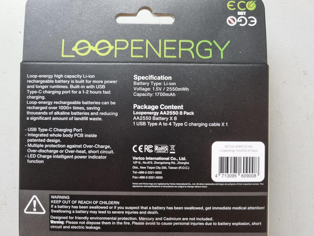 VERICO LoopEnergy AA 2550 Wiederaufladbare USB-C Batterie AA 1,5V 2550mWh (1700mAh) Li-Ion, Schnelll