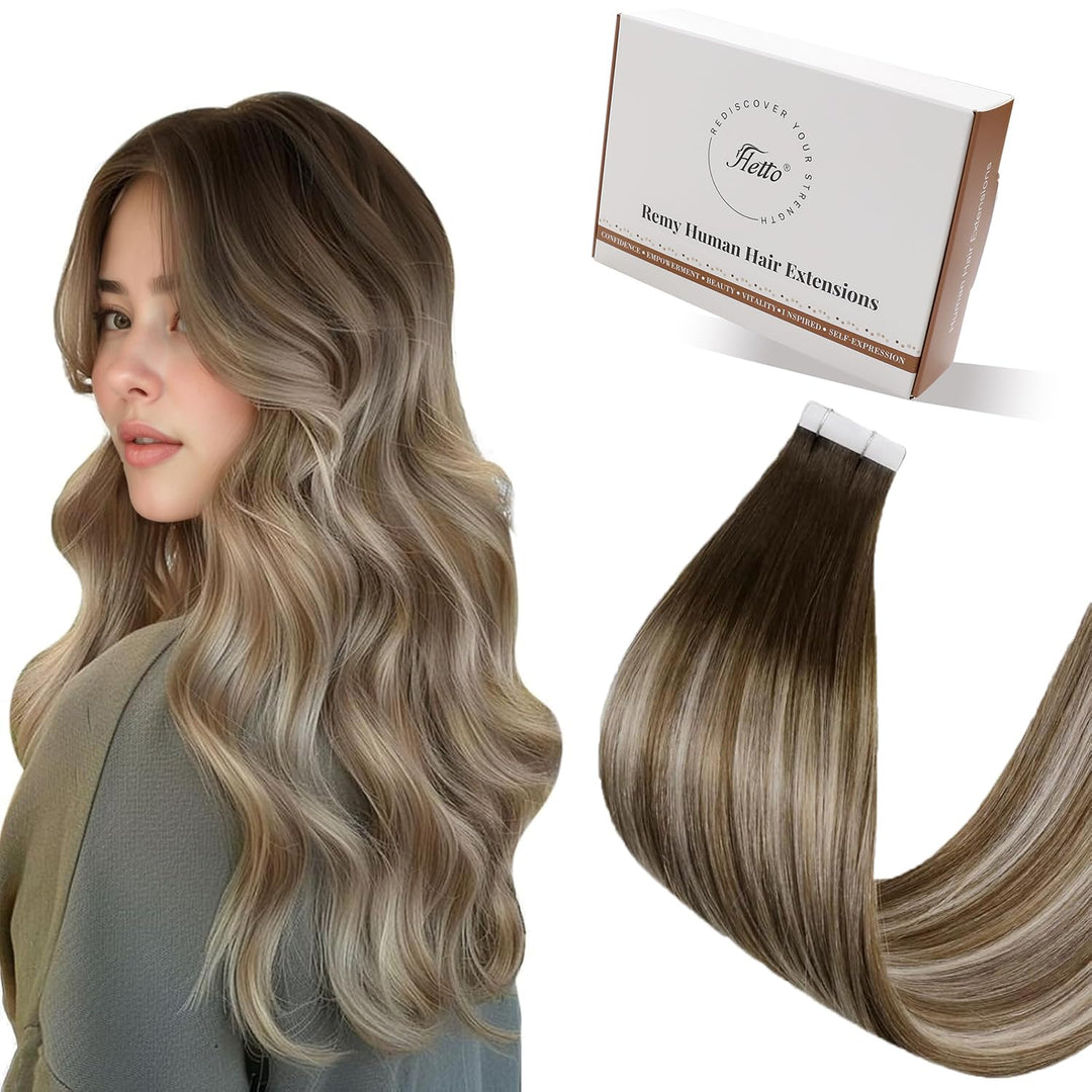 Hetto Extensions Echthaar Tape in Remy Extensions Tape in Echthaar Balayage Blond #3/8/22 Dunkelbrau