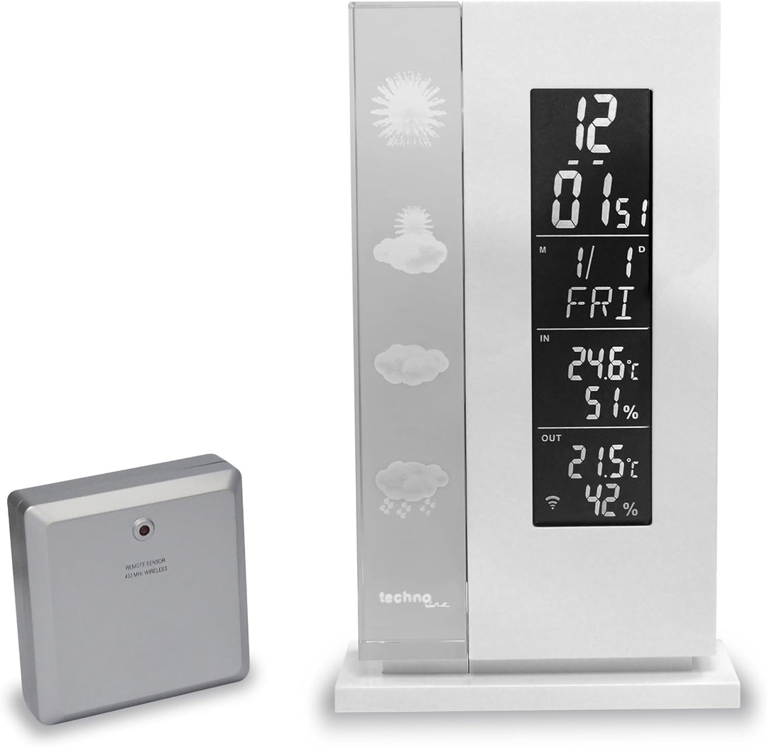 Wetterstation WS 6600 mit Vorhersage von Wettersituation durch in Glas gelaserte 3D-Wettersymbole