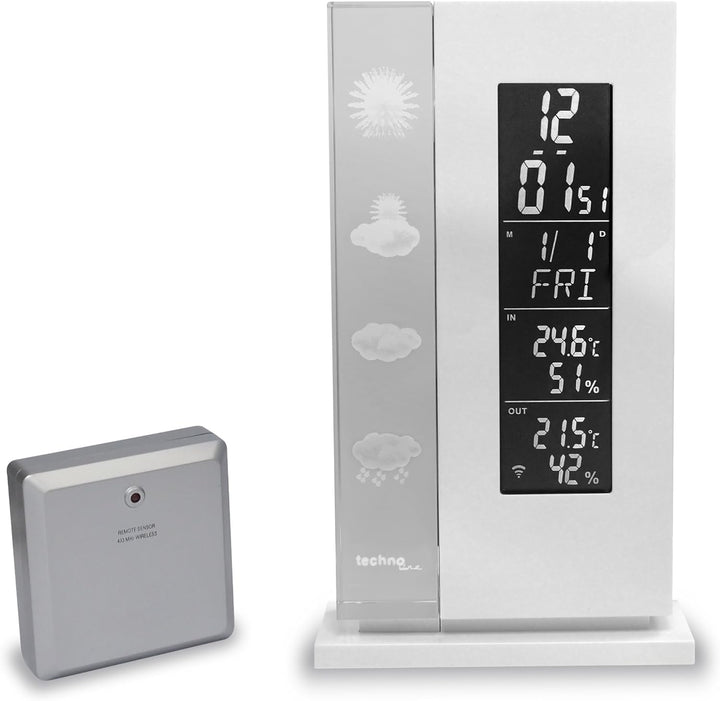 Wetterstation WS 6600 mit Vorhersage von Wettersituation durch in Glas gelaserte 3D-Wettersymbole