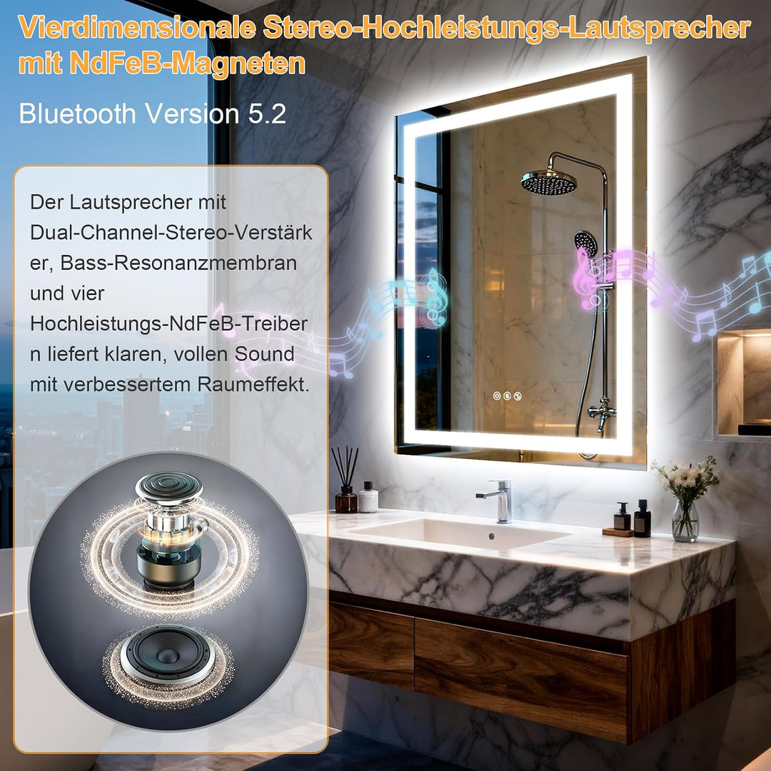 Olyvren Badspiegel Mit Beleuchtung50x70cm,Spiegel Mit Beleuchtung Bluetooth Dual Lautsprecher,Antibe