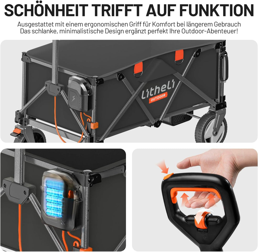 Litheli Elektrokarre Bollerwagen Faltbar, Handwagen Klappbar mit Bremsen 200L 60KG Belastbar, Faltbo