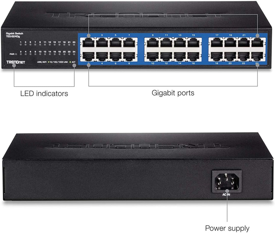 TRENDnet TEG-S24DG 24-Port Unverwalteter Gigabit GREENnet Desktop Metall Switch, Ethernet Splitter,