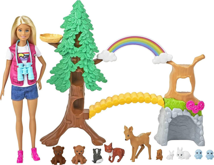 Barbie GTN60 - Waldtier-Forscherin Spielset mit blonder Barbie-Puppe und 10 Tierfiguren, Spielzeug a