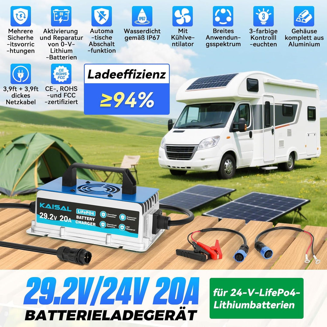 KAISAL 29.2V 20A LiFePO4 Ladegerät, LiFePO4 Batterieladegerät für 24V/25.6V Lithiumbatterie, 0V Akti