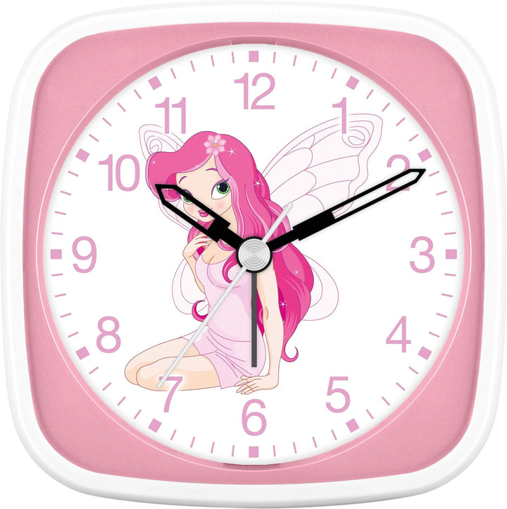 Eurotime Wecker für Mädchen mit Fee sitzend, Rosa Pink, Kinderwecker, Kunststoffgehäuse und Kunststo