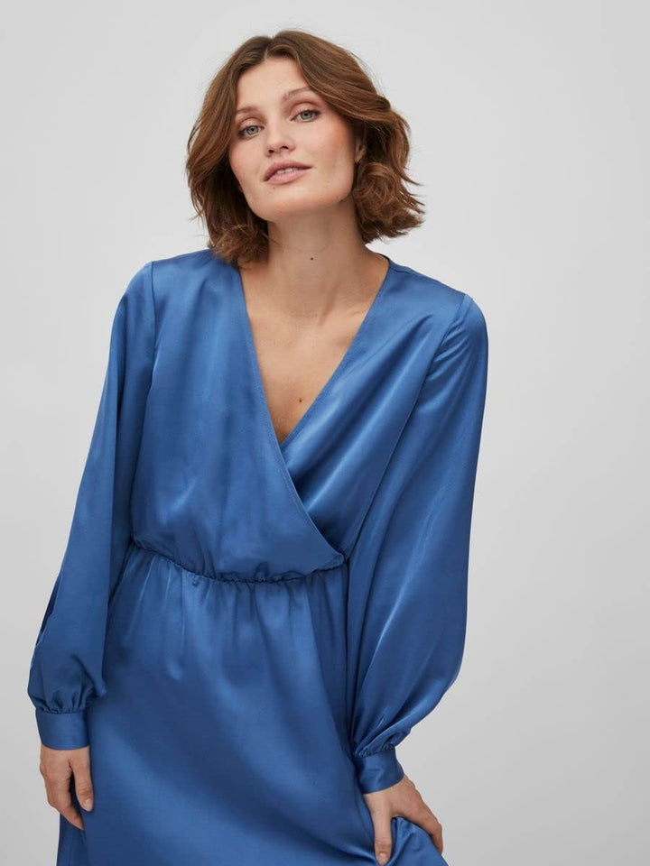 Vila Damen Viellette Wrap L/S Dress/Su-Noos Kleid 38 Federal Blue, 38 Federal Blue