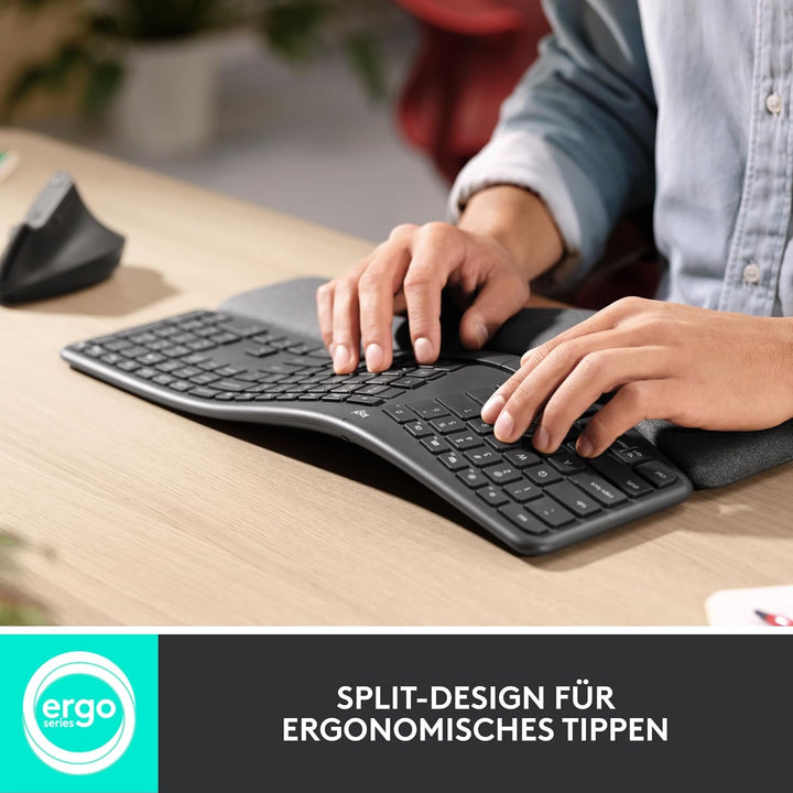 Logitech ERGO K860 kabellose ergonomische Tastatur – geteilte Tastatur, Handballenauflage, natürlich