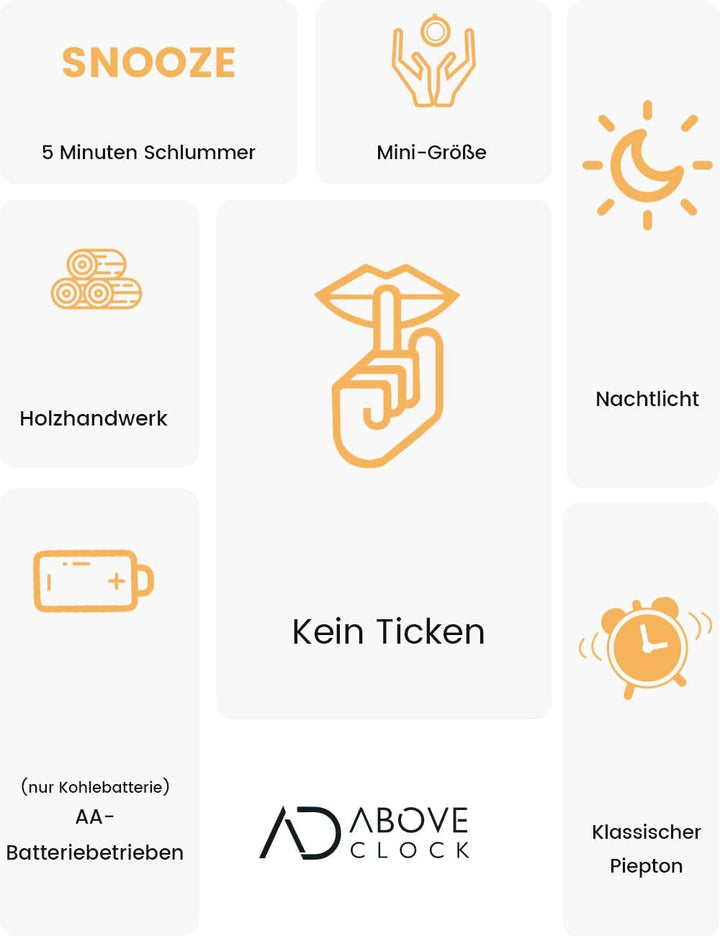 aboveClock Wecker Analog Ohne Ticken, Wecker Holz mit Snooze, Nachttisch Retro Wecker mit Nachtlicht