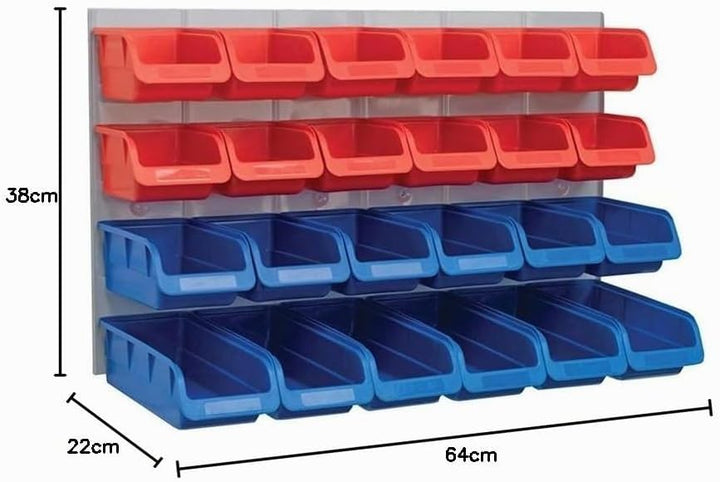 Faithfull FAIPAN24 24 Plastic Storage Bins with Metal Wall Panel, Fixings Included,Blue / Red,12.0 c