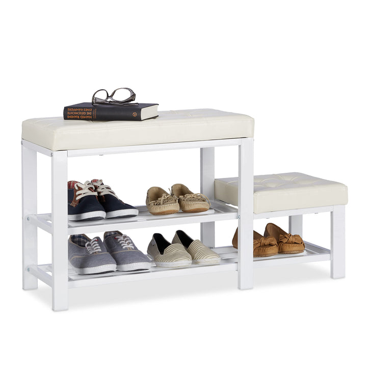 Relaxdays, weiss Schuhbank mit Hocker, gemütliche Sitzpolster, Schuhablage 2 Ebenen, Kinder, HBT: 50