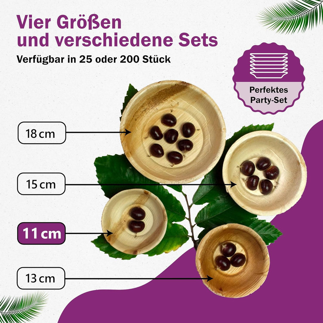 Waipur Bio Palmblatt Schalen - 200 Schalen Ø 11 cm / 200 ml - Premium Einweg Geschirr kompostierbar