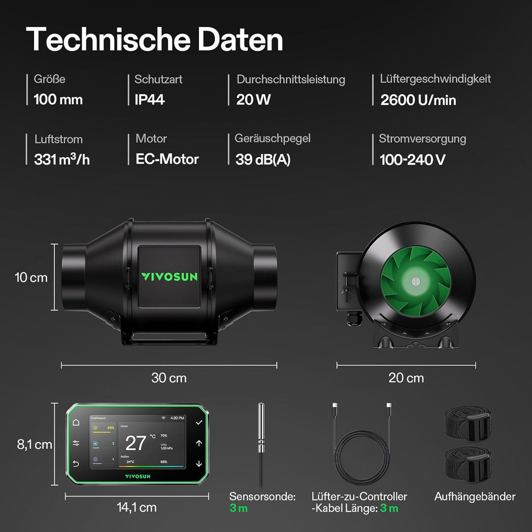 VIVOSUN Rohrventilator 100mm Abluftventilator 331m³/h mit EC-Motor und GrowHub E42A WLAN-Controller