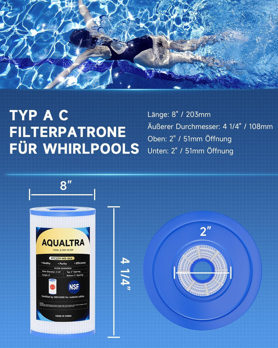 AQUALTRA Pool Filterkartusche Typ A oder C kompatibel mit 29000E/59900E, Easy Set Pool Filter, 203 x