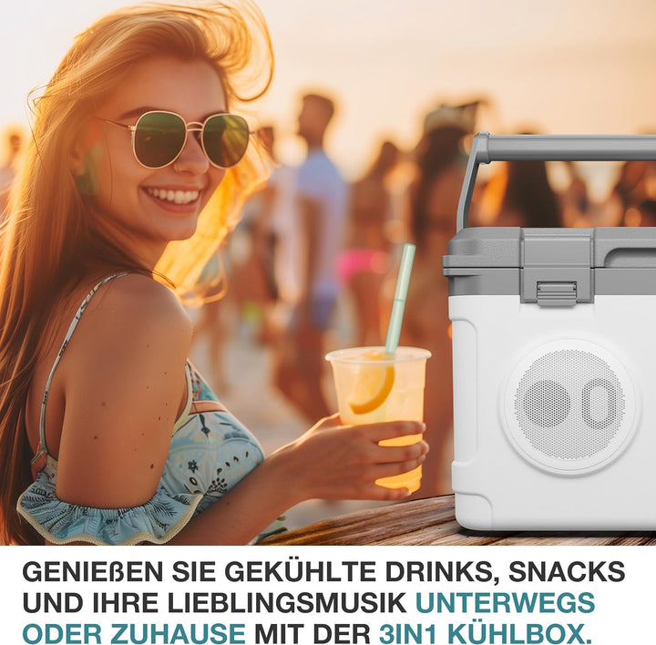 TOM 3in1 Musik Kühlbox 21l zum Kühlen, Warmhalten und Musik hören – mit Bluetooth Lautsprecher – Küh