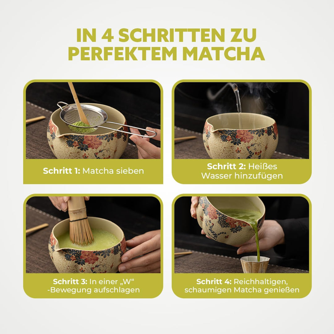 Matcha Set Japan 8-teilig – Premium Matcha Tee Set mit Keramik Schale, Bambus Chasen Besen & Halter,