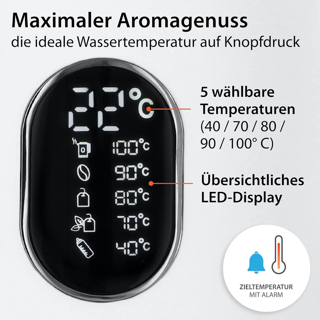 ADE Energiesparender Wasserkocher mit Temperatureinstellung 40-100°C | 1,5 l | Edelstahl | BPA-frei