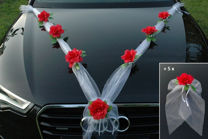 Organza M + Schleife Auto Schmuck Braut Paar Rose Deko Dekoration Autoschmuck Hochzeit Car Auto Wedd