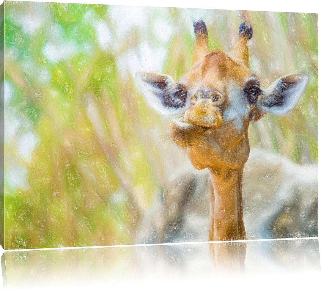 Pixxprint Giraffe in der Natur Kunst Buntstift Effekt, Format: 100x70 auf Leinwand, XXL riesige Bild