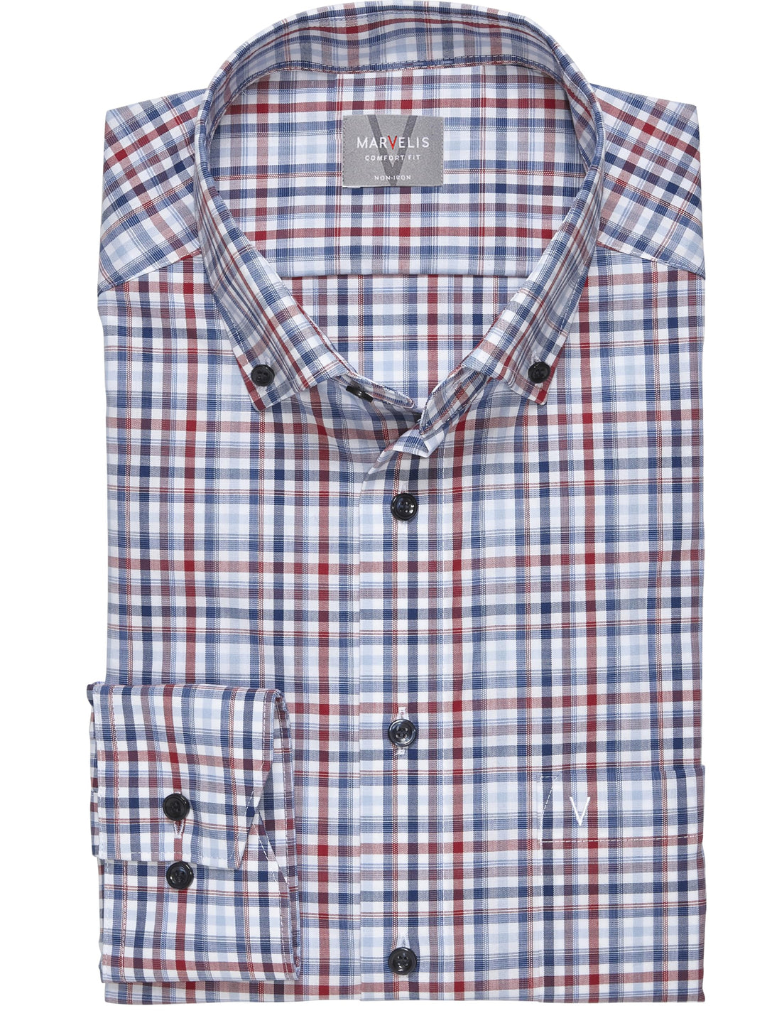 Marvelis Herren Businesshemd Langarm 708214,Kariert,Comfort fit,Button-Down-Kragen 41 Rot 35, 41 Rot