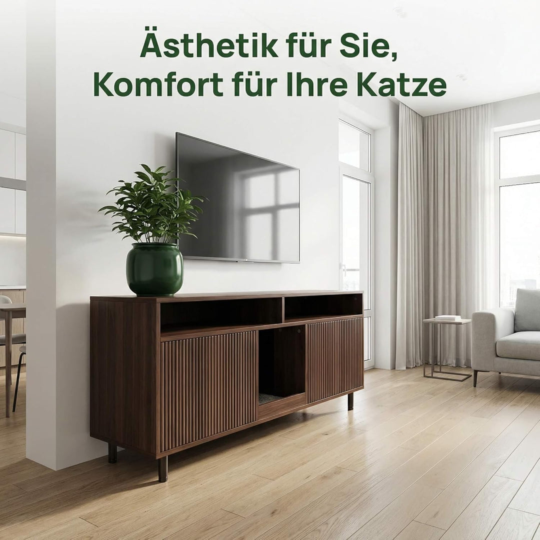 Katzenklo Schrank für 2 Katzen mit Sandauffangmatte, XXL Sideboard für Katzentoilette Versteckt, Mul