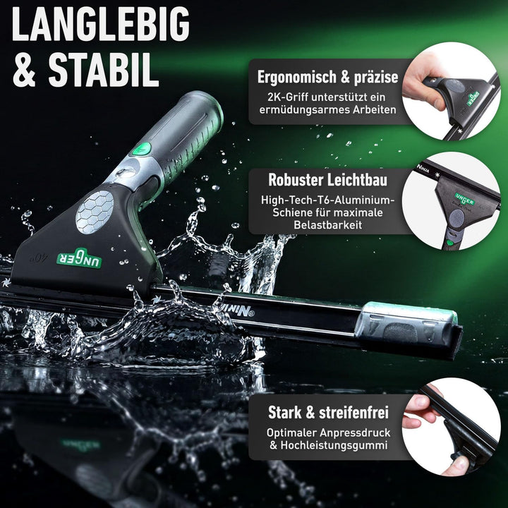 UNGER ErgoTec Ninja Fensterreinigungs Starter-Set 2in1 (inkl. Einwascher + Abzieher, für professione