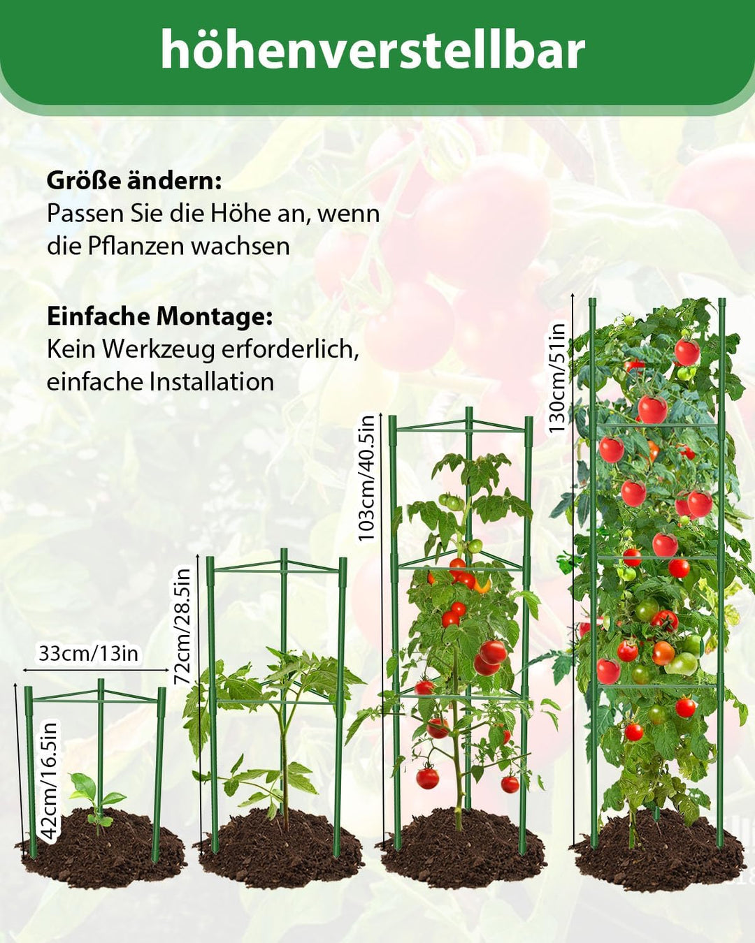 MYMULIKE Tomaten Rankhilfe 3 Stück, 130CM Pflanzenhalter für Tomate, Einstellbar Höhe Garten Rankhil