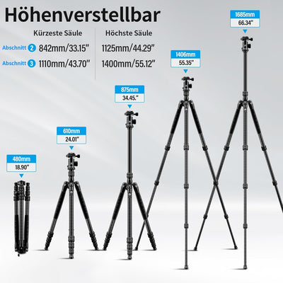 SIRUI Traveler 7C Reisestativ 166cm Carbonfaser Stativ mit E-10 360° Kugelkopf, für Arca Swiss Schne