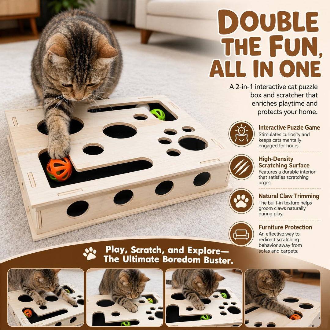 Katzenkratzpuzzle Anreicherungsbox 30X25CM, Interaktives katzenspielzeug Selbstbeschäftigung, Kratzp