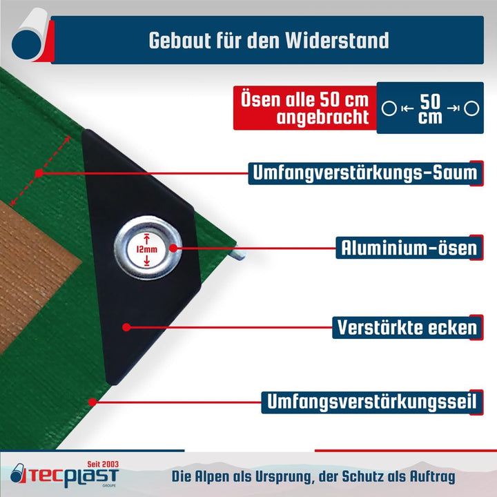 Schutzplane 6x10 m - TECPLAST 250MU - Grün und Braun - Hohe Leistung - wasserdichte Plane - Anti UV-