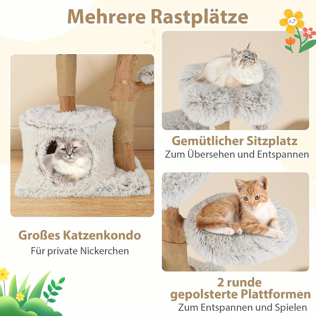 SOARS Kratzbaum Holz, Katzenbaum mit 2 natürlichen Birnbaumstämmen, Sitzplattform & Plüschflächen, S