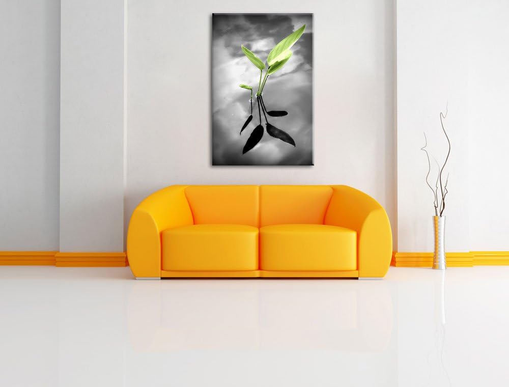 Pixxprint grüne Blätter im Wasser auf Leinwand, XXL riesige Bilder fertig gerahmt mit Keilrahmen, Ku