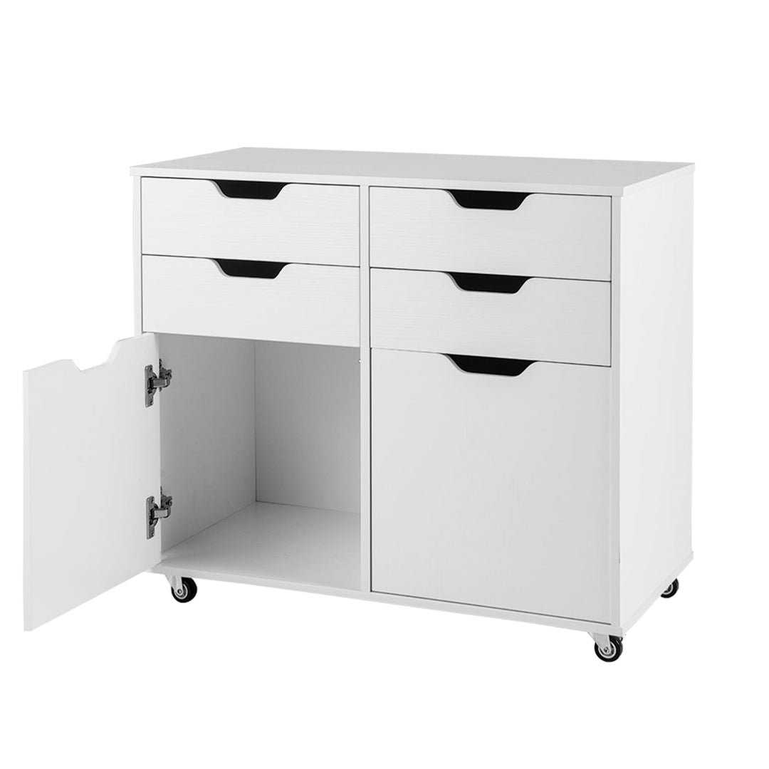GIANTEX Rollcontainer mit 4 Schubladen & 2 Schränke, Aktenschrank mit Rollen, Schubladenschrank Holz