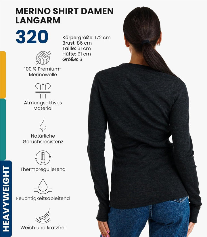 Merino.tech Merino Shirt Damen Langarm – Premium 100% Merino Unterwäsche Damen Langarmshirt, Sportun