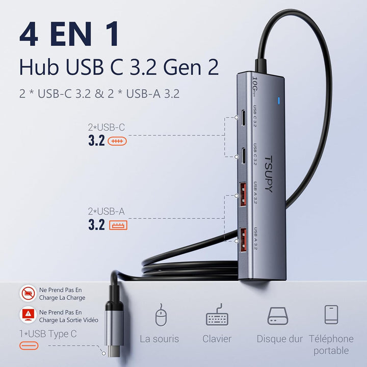 TSUPY USB C Hub 10Gbps, USB c Verteiler mit 2*Type-C 3.2 und 2*Type-A 3.2 Ports, Aluminium USB 3.2 A
