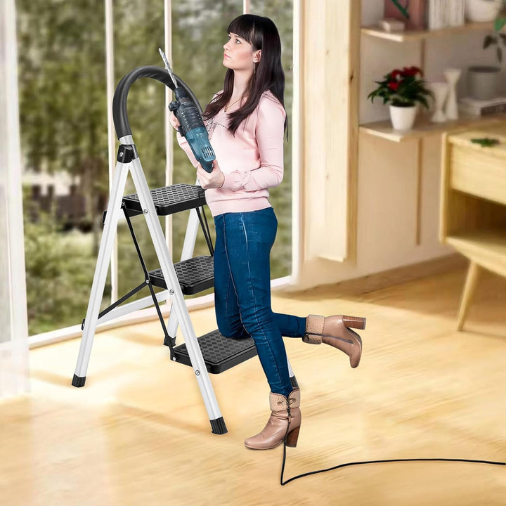 yoakaiax Klappbarer Tritthocker mit 3 Stufen, mit breitem Anti-Rutsch-Pedal, stabile Stahlleiter, 3-