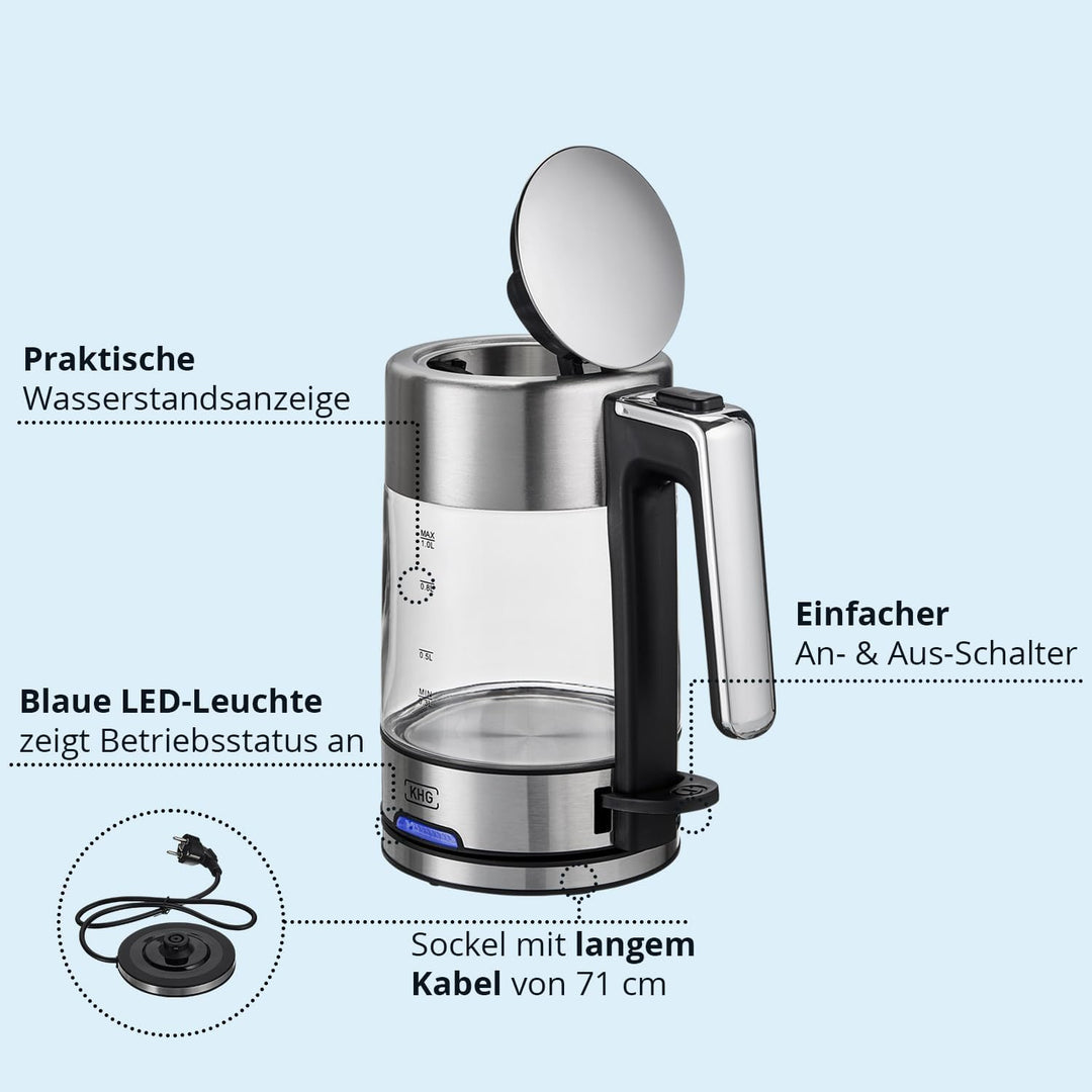 KHG Wasserkocher WK-106 GE Glas, 1 Liter, abwaschbarer Kalkfilter, Wasserstandsanzeige, Öffnen per K